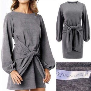 R. VIVIMOS Gray Long Sleeve Front Tie Waist Dress in Size Small